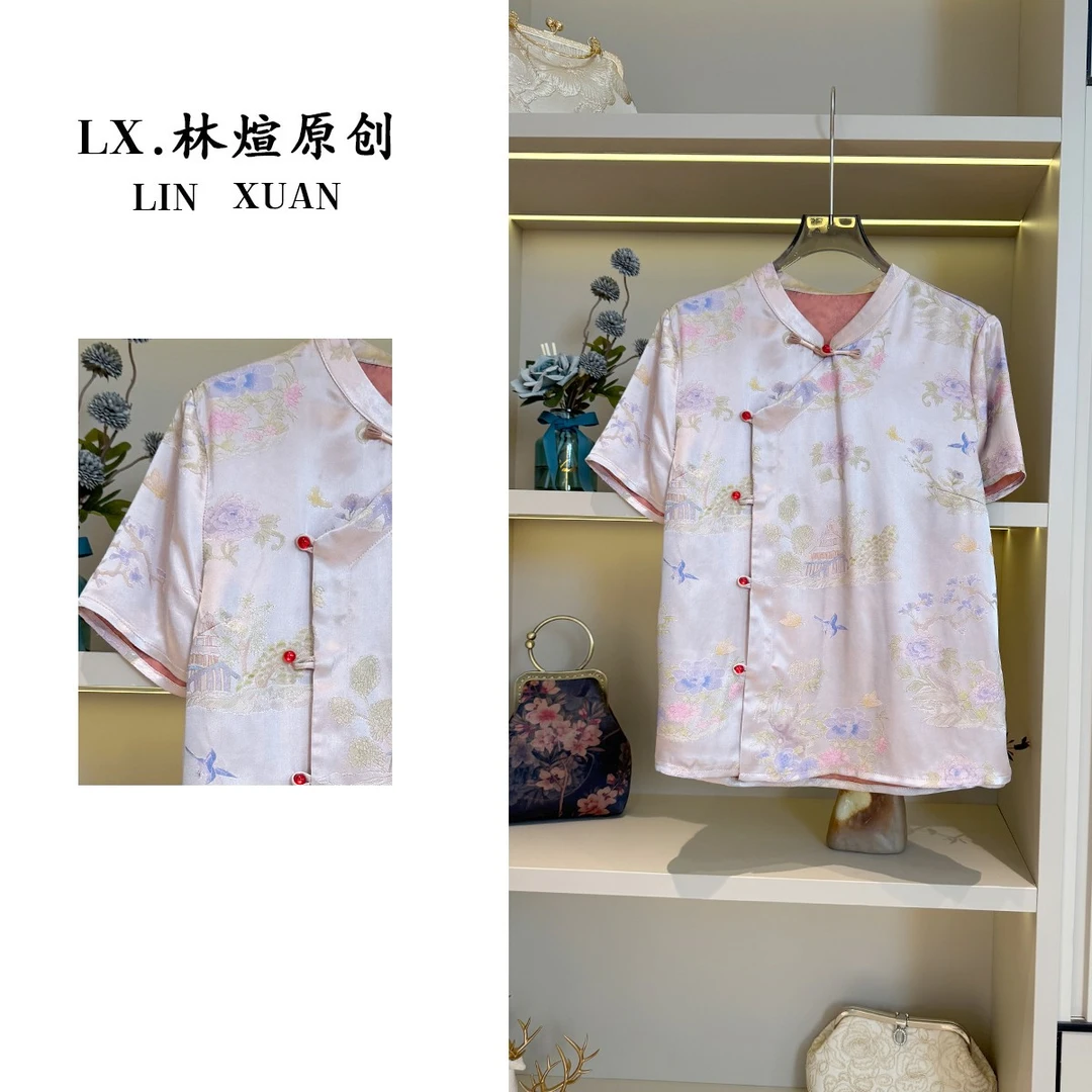 壹苒原创【杜鹃花】中式改良版设计斜襟盘扣气质短袖上衣小衫YC7022