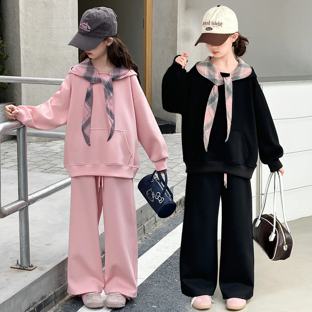 女童秋季学院风套装2025新款儿童连帽卫衣女大童阔腿裤休闲两件套