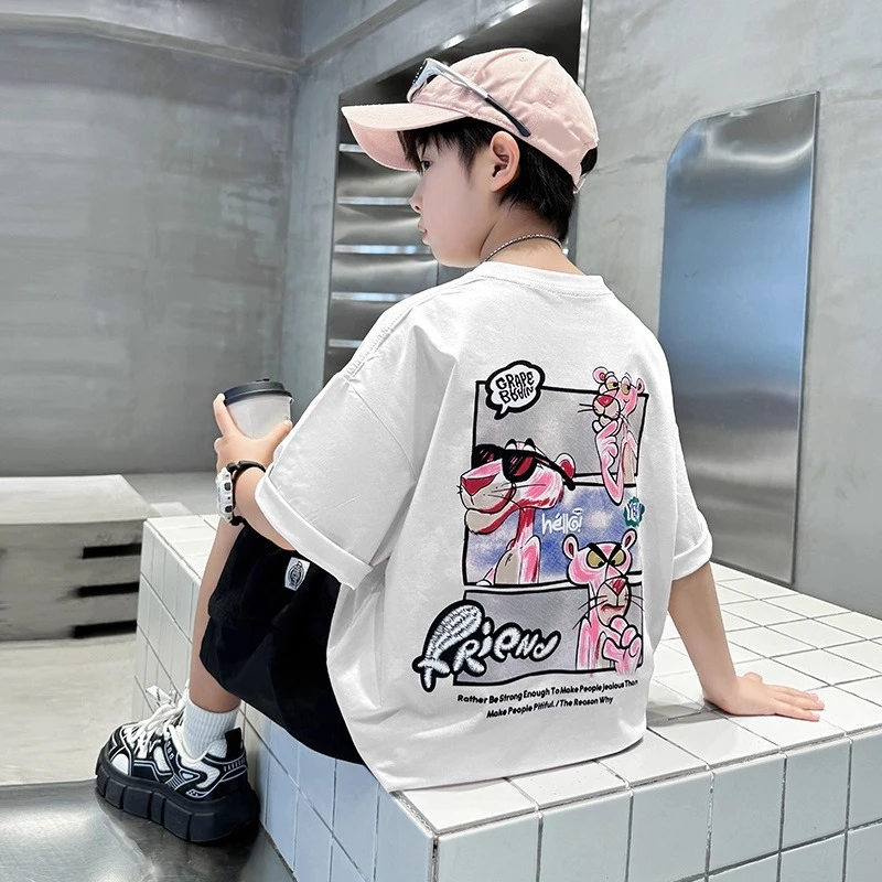 MK&UR.BV男童12-15岁夏装套装2025新潮牌男孩粉红豹短袖工装短裤