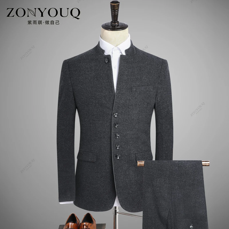 中山装套装男秋冬中华立领毛呢料西服新中式中国风修身西装两件套