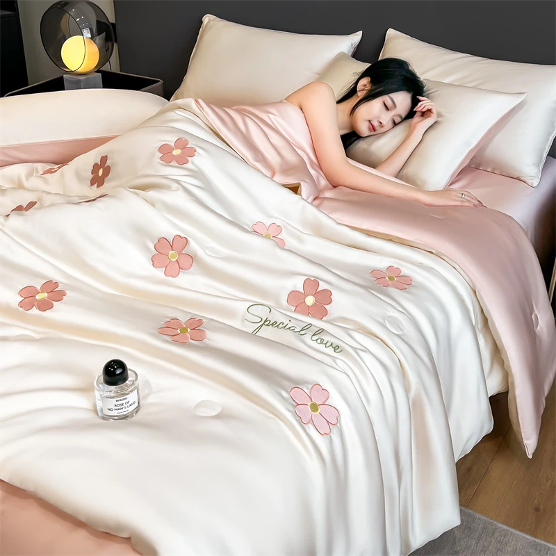 直播爆款水洗冰丝夏被 刺绣夏凉被绣花薄被子凉感空调被