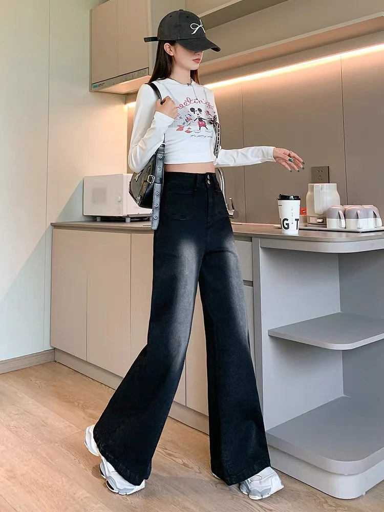 复古高腰阔腿喇叭牛仔裤女夏款新款梨形显瘦宽松A字版型阔腿微喇