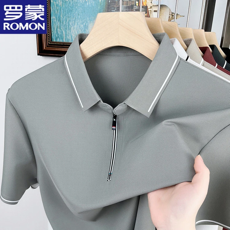 罗蒙男士夏季t恤翻领短袖T恤薄款时尚拉链休闲POLO衫时尚男装