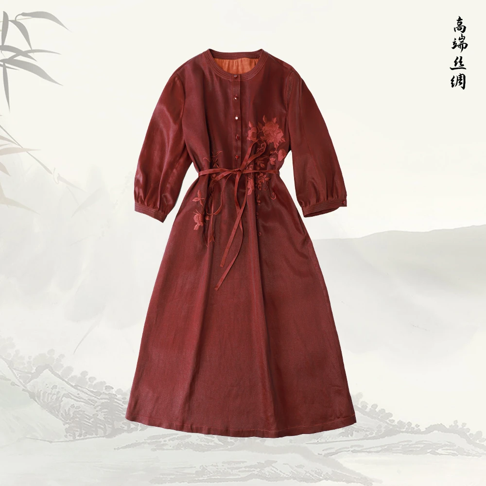 【赤丹】品牌新款香云纱刺绣宽松高端圆领宽松衬衫连衣裙52613