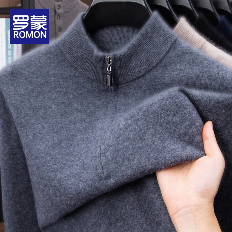 罗蒙男士羊毛衫半高领冬季休闲针织保暖秋冬打底衫半拉链长袖上衣