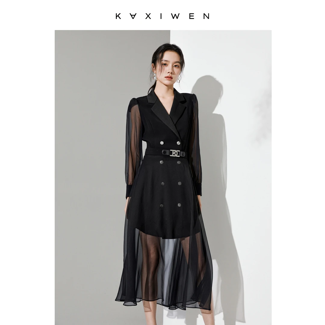 【尚雅专属】气质两件式西装领收腰网纱中长款裙子女X01ALS1090