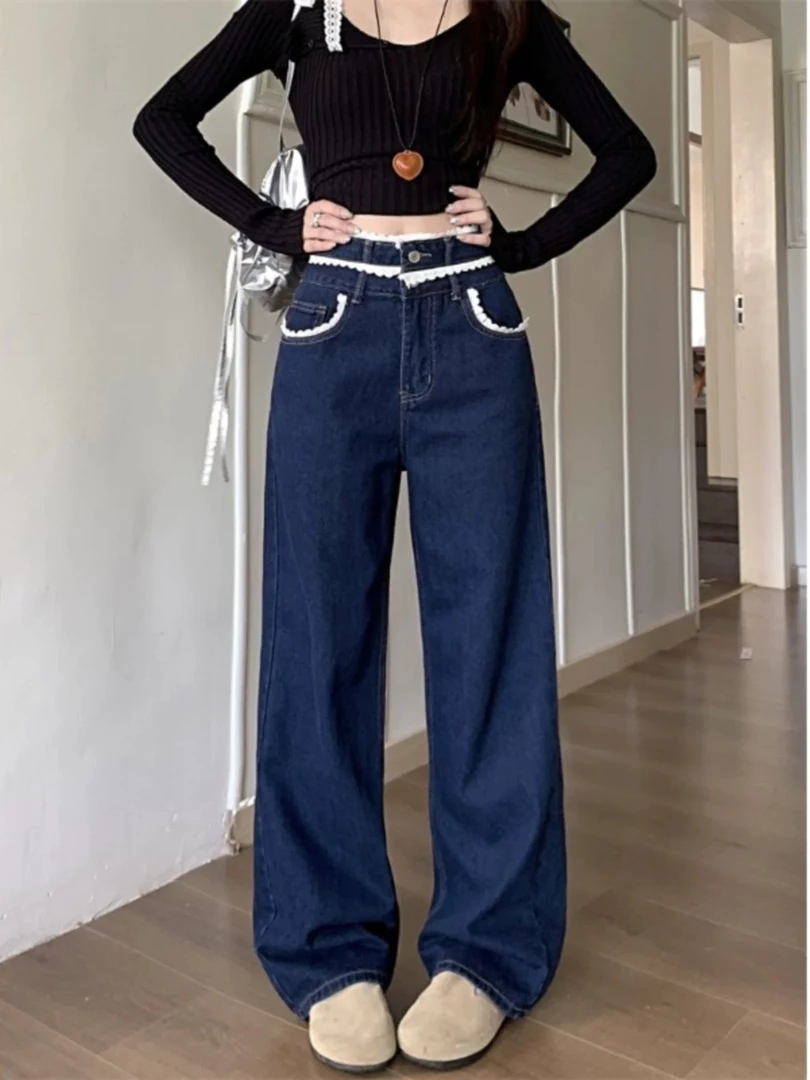 美式深蓝色水洗阔腿牛仔裤女春季2025新款高腰宽松显瘦花边长裤子