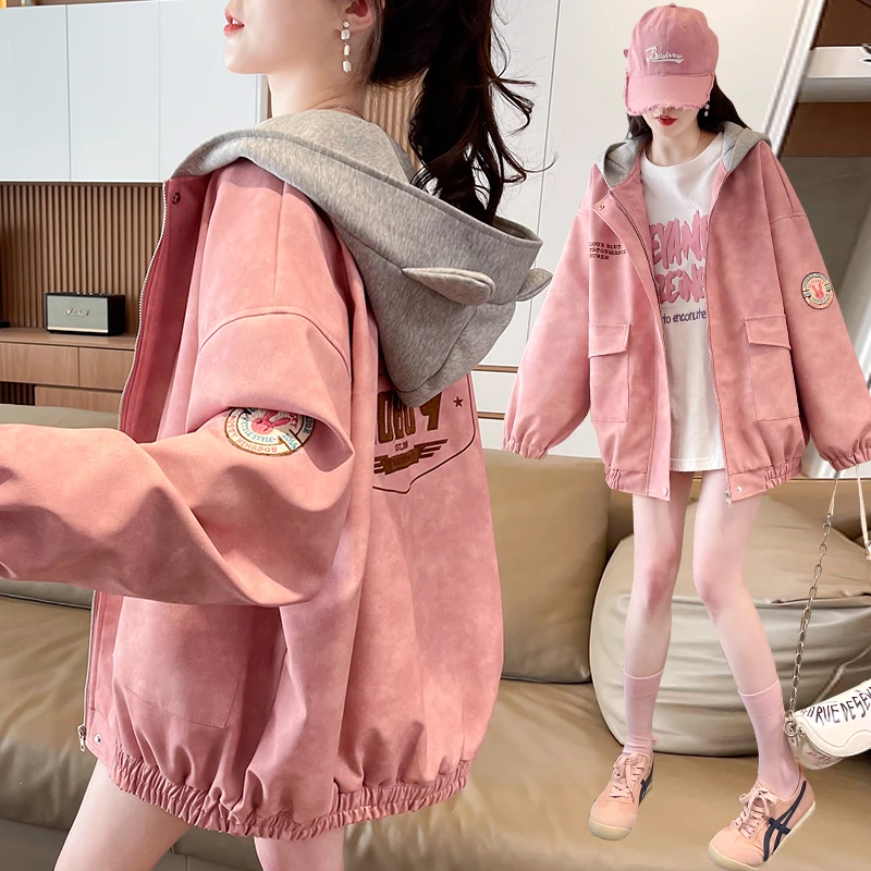 美拉德飞行夹克女春秋防风衣初高中学生宽松休闲大码连帽工装外套