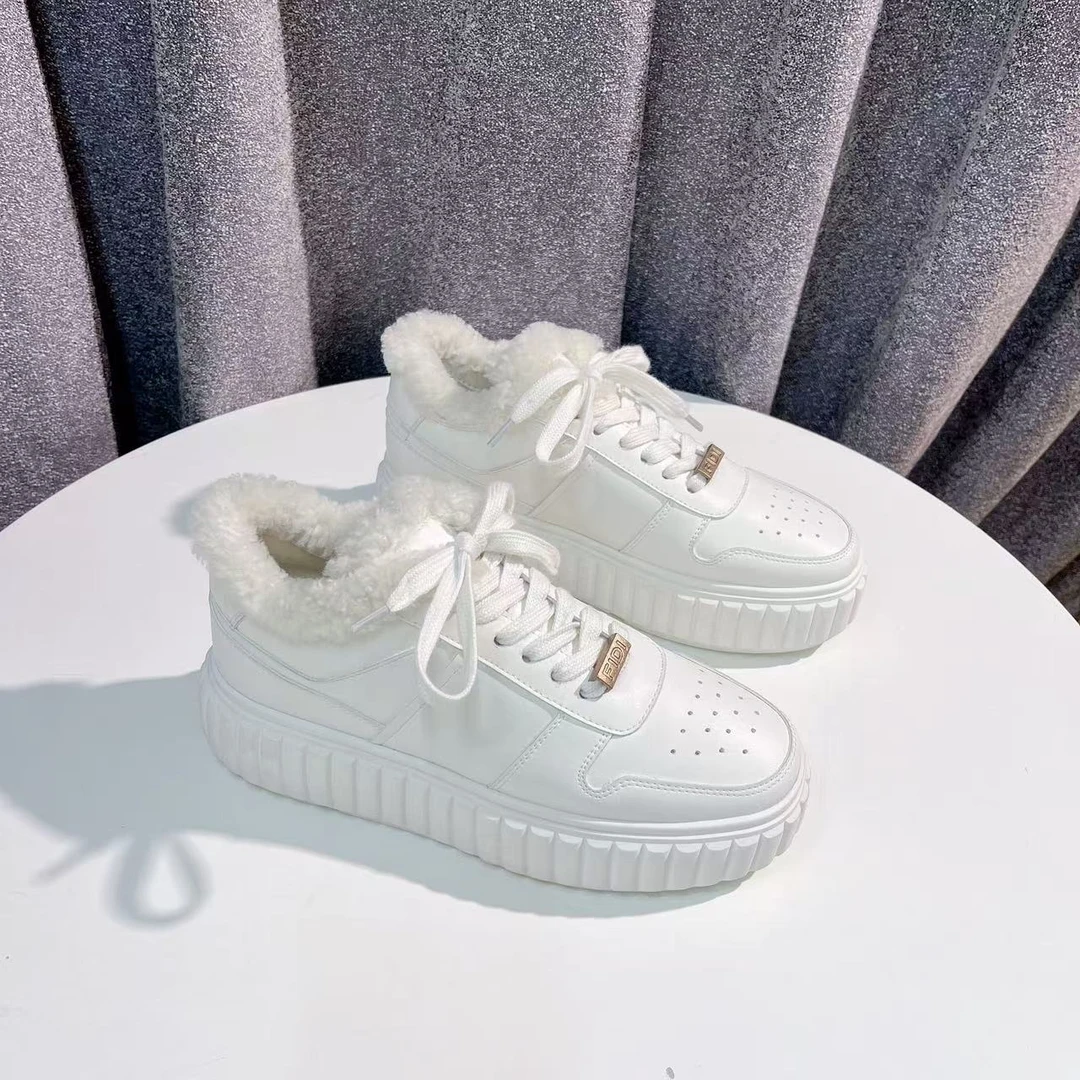 FD2024-1353 白色绒里  时尚厚底圆头系带女休闲运动小白鞋