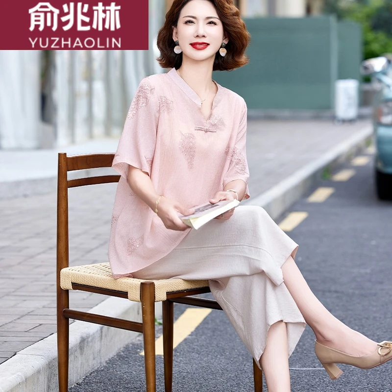 俞兆林2025新款雪纺短袖小衫洋气妈妈夏夏装套装中老年女国风T恤