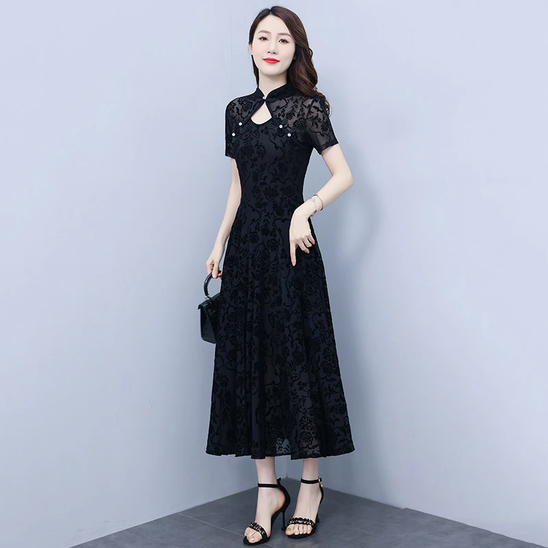 gwe7366新中式旗袍领雪纺连衣裙女2025夏季新款修身显瘦黑色长裙