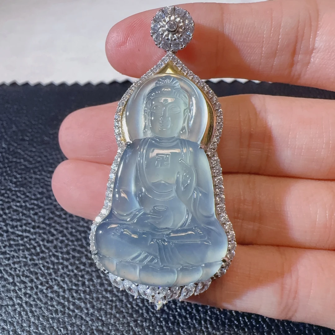 【新款如来佛】天然A货翡翠高冰天空蓝吊坠一刀切双开盖s925银镀金
