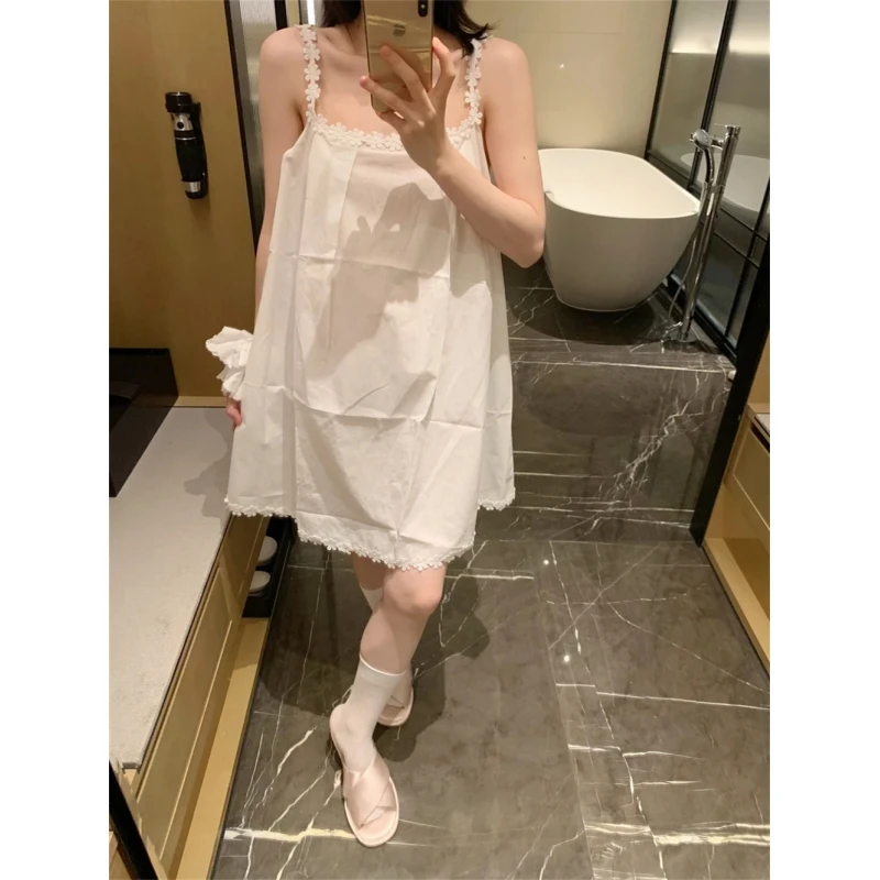 纯白甜美温柔风花边吊带睡裙女款夏季慵懒感宽松显瘦家居服睡衣夏