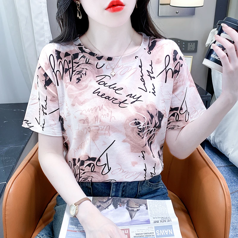 2025夏季新款正肩扎染印花短袖t恤女减龄宽松上衣减龄显瘦百搭潮