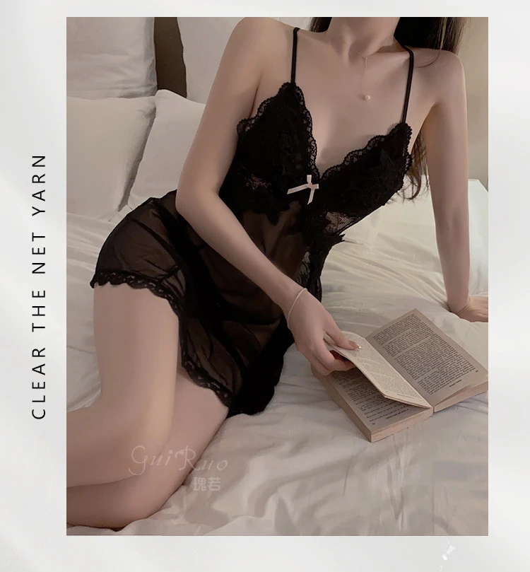 【瑰若】大码可穿80-200斤女士性感网纱刺绣蕾丝交叉露背吊带睡裙