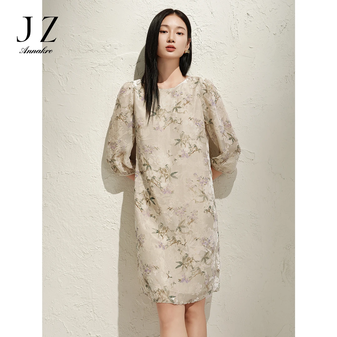 玖姿安娜蔻优雅淑女风桑蚕丝丝绒烧花宽松连衣裙女2025春季新款