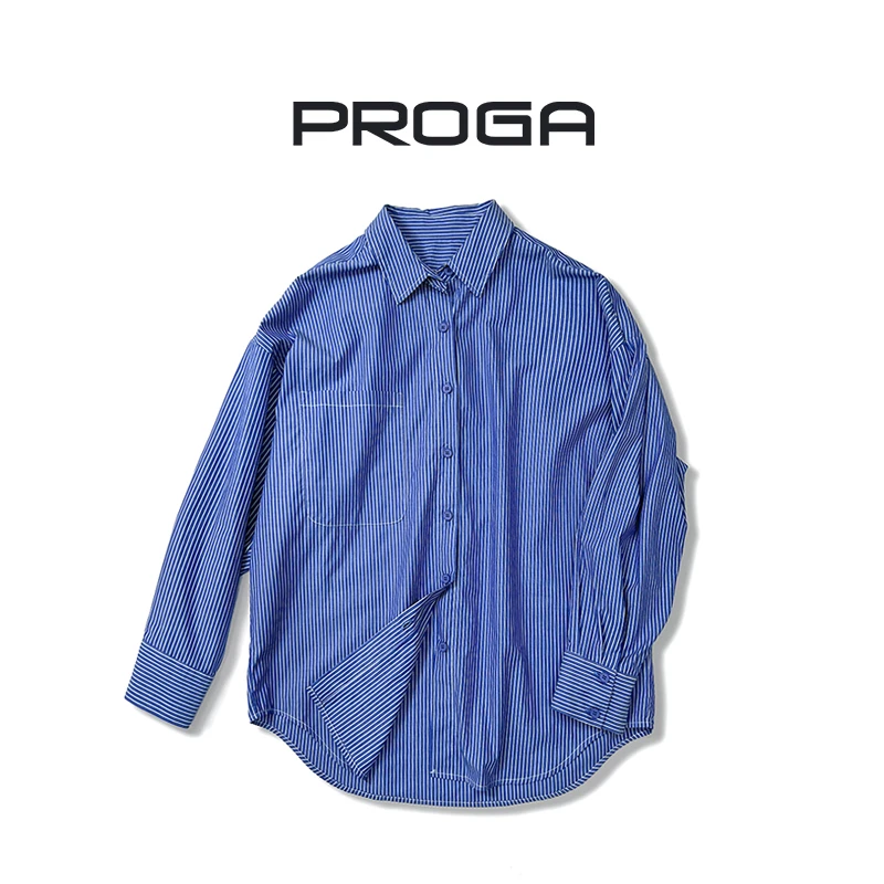 YH23030春秋衬衫慵懒百搭时尚休闲宽松女士polo领条纹长袖衬衣