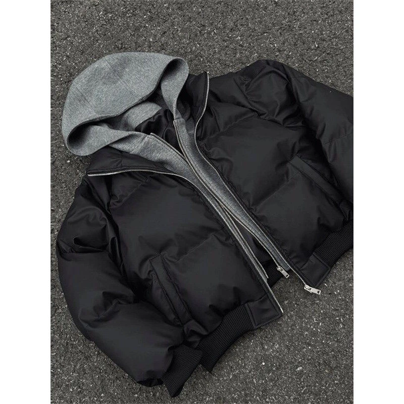 PU皮假两件连帽宽松棉衣男女保暖短款潮流冬季纯色加厚棉服秋冬季