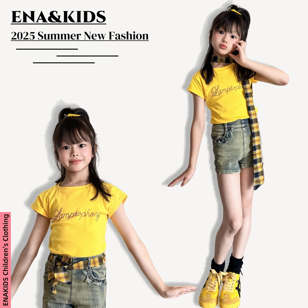 ENA恩娜kids【明媚夏日】女童烫钻字母正肩短袖T恤夏季修身短款上衣
