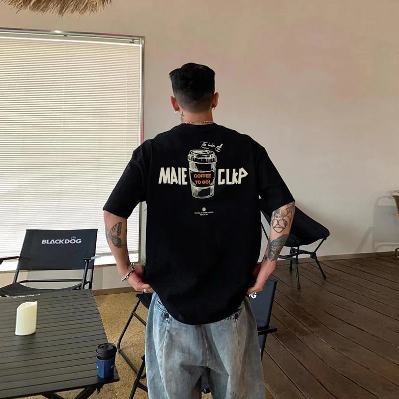 夏季新款重磅纯棉260G不透潮流休闲百搭咖啡印花时尚T恤短袖男t恤