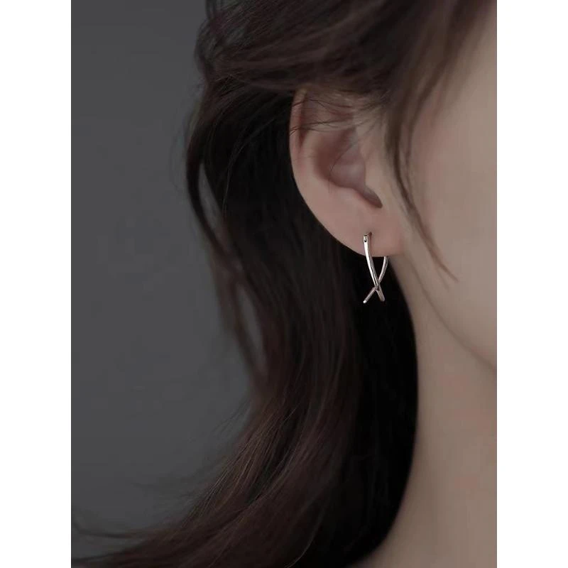 925纯银线条交叉耳环女2025夏新潮个性气质高级设计感耳扣耳饰