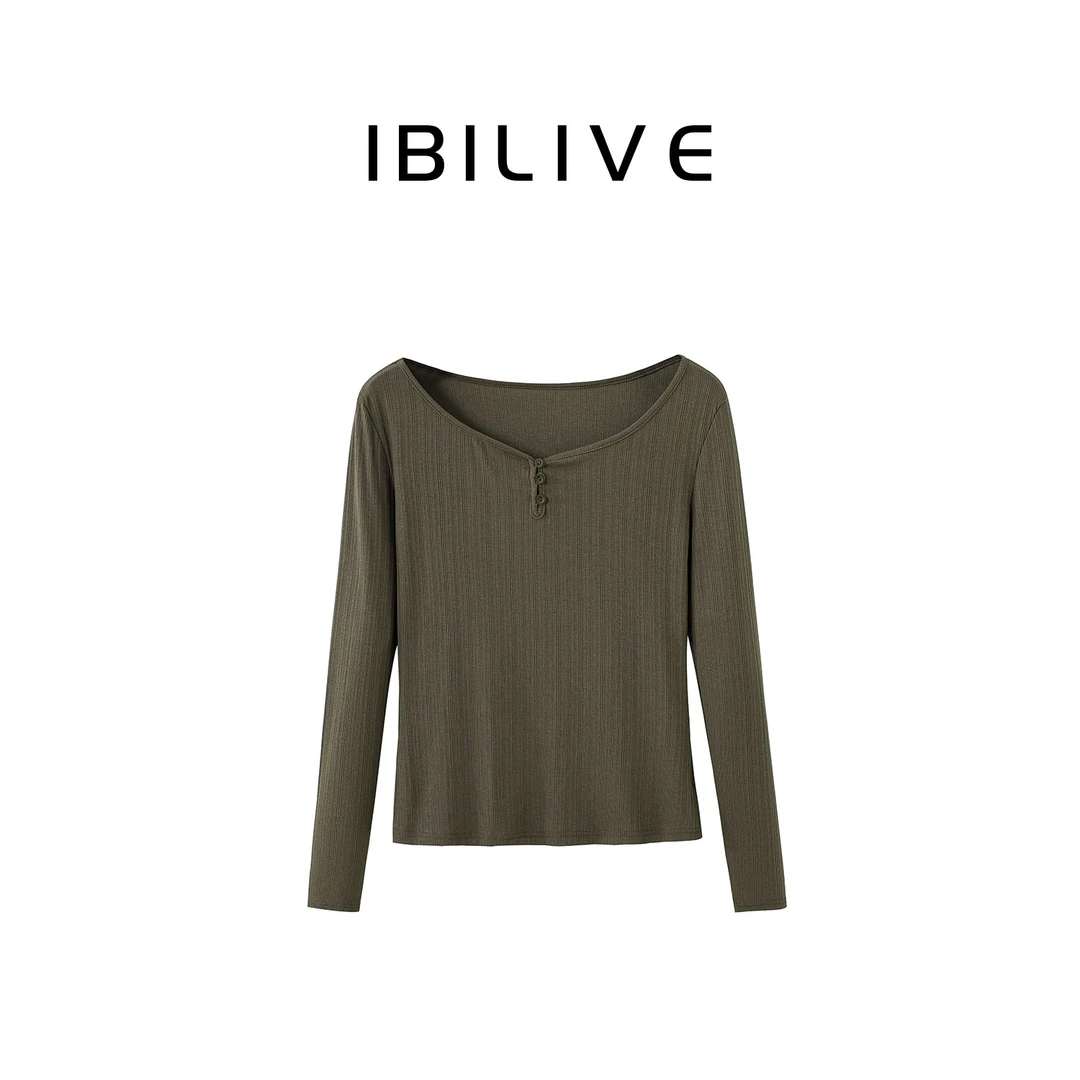 纯色U型领宽松型针织气质绵修身T恤休闲长袖