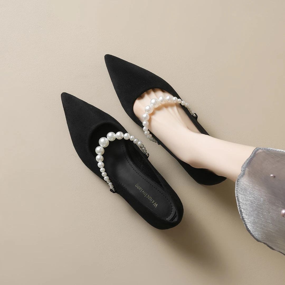 法式珍珠尖头单鞋女2025新款春季浅口气质高跟鞋绒面粗跟玛丽珍鞋