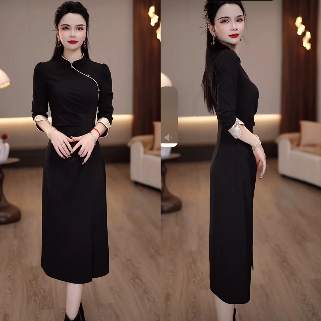 2025春季新款精致新中式旗袍国风黑色显瘦女士连衣裙