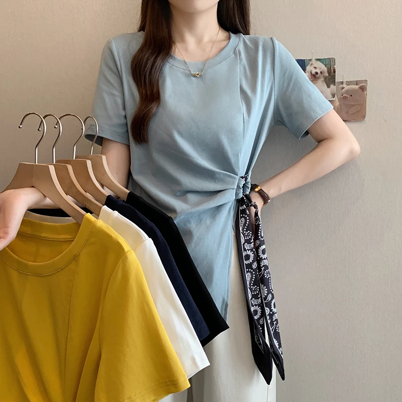 2025夏装新款胖mm大码女装优雅别致圆领丝巾不规则显瘦短袖T恤ins