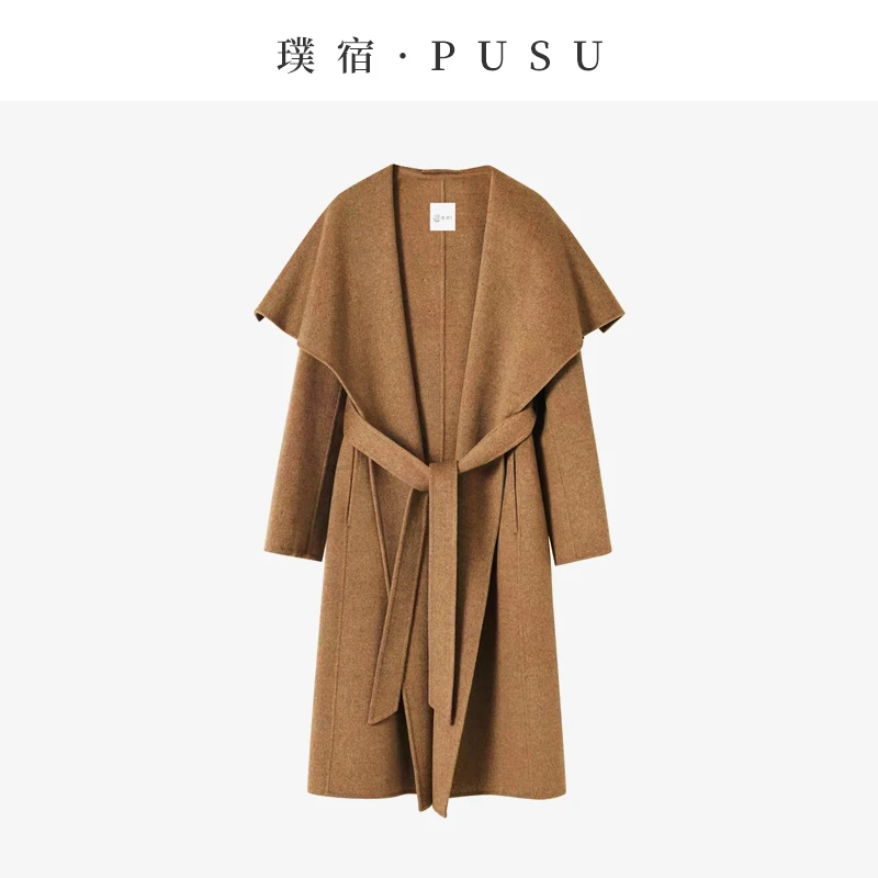 璞宿 翻领毛呢外套驼绒翻领双面呢大衣中长款开衫女士女装 55064