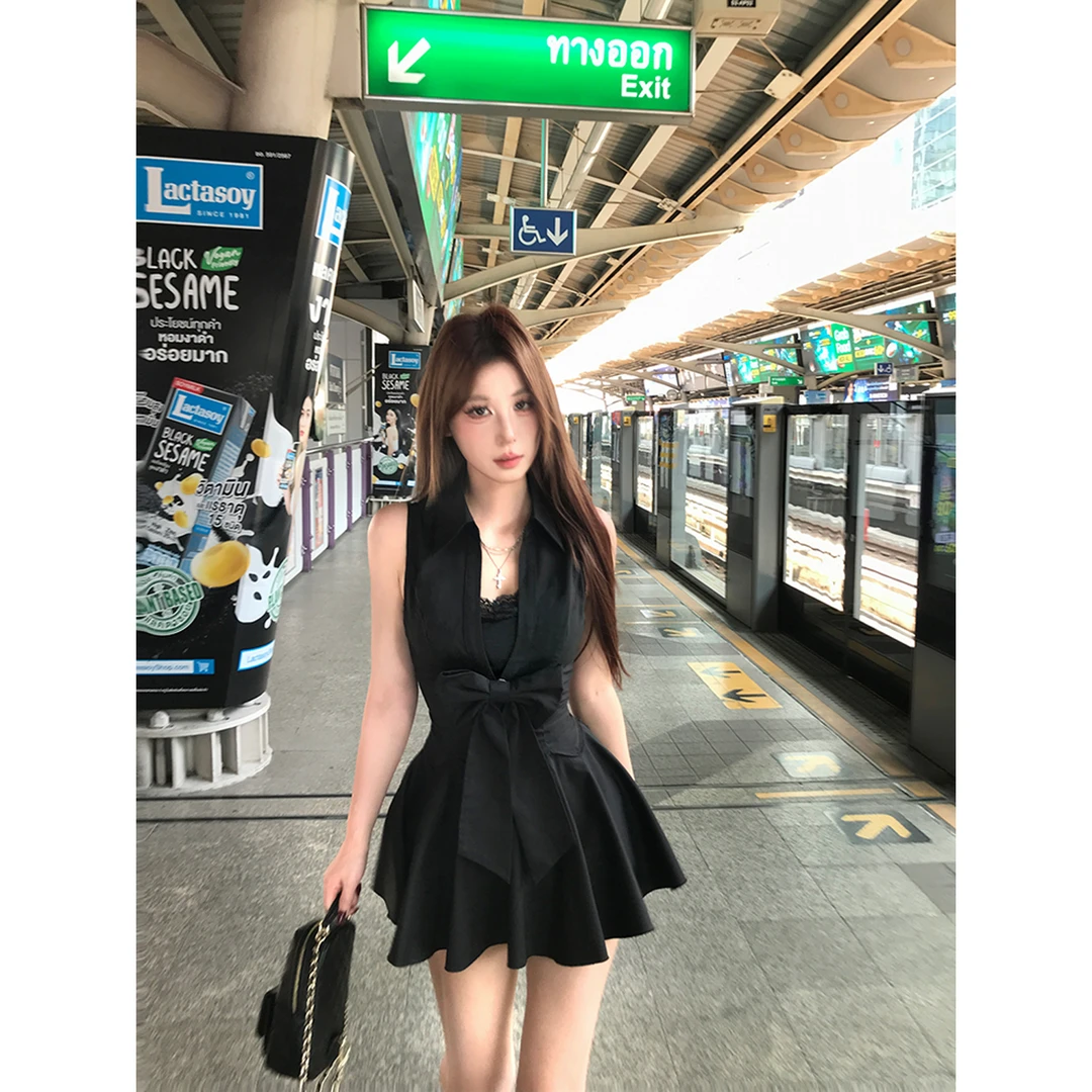 Mejiu蜜九【黑夜梦栀】蕾丝连衣裙黑色辣妹收腰连衣裙春季纯欲风