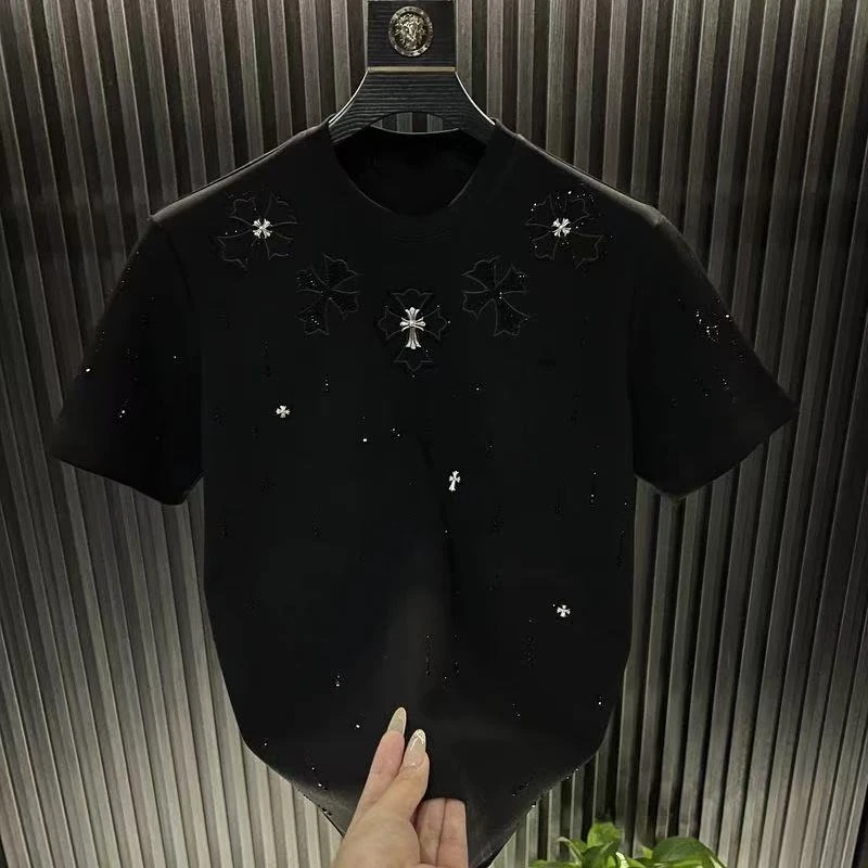 高品质男士新款十字架重工烫钻圆领短袖轻奢时尚潮流休闲打底T恤