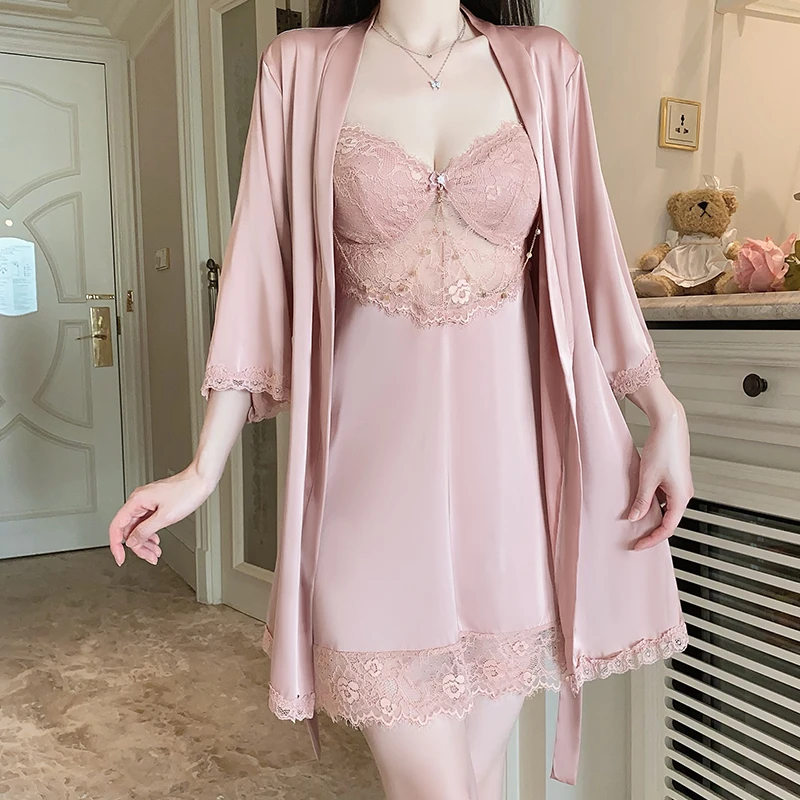 新款蕾丝睡裙睡衣纯欲诱惑加胸垫火辣睡裙外袍家居服女士套装