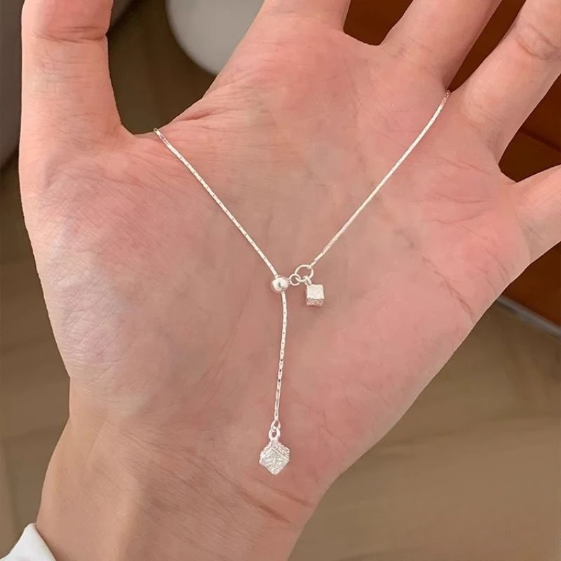 坠链均足银 小方块 小众简约珍珠项链百搭冷淡风生日礼物送闺蜜