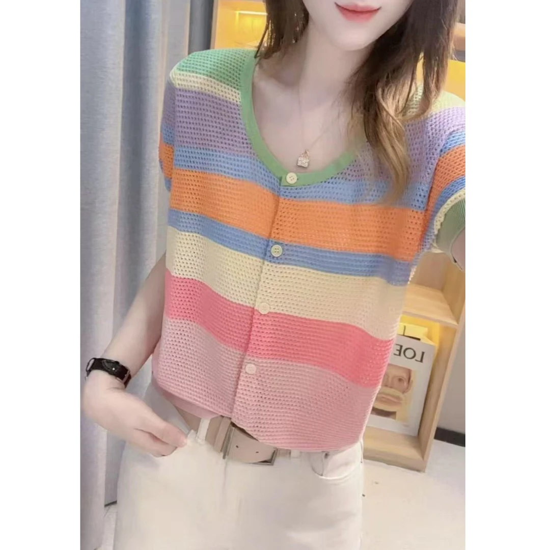 JL【复古彩色条纹U领短袖】2025夏季新款百搭短袖针织衫上衣