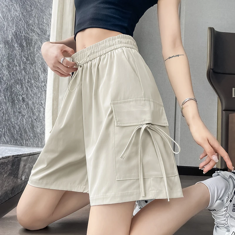 速干美式工装短裤女2025夏季新款高腰宽松显瘦运动A字阔腿五分裤