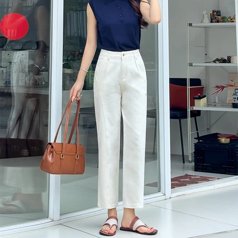 美思源米白色弯刀牛仔裤女2025夏季新款小个子高腰哈伦直筒九分裤