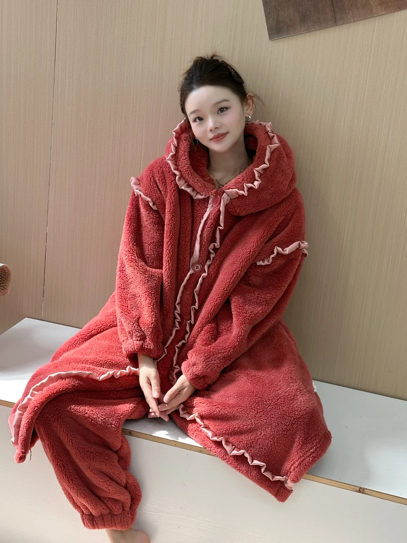 XXJ 1796 【成人毛毛衣】精致花边打褶连帽加绒加厚家居服套装