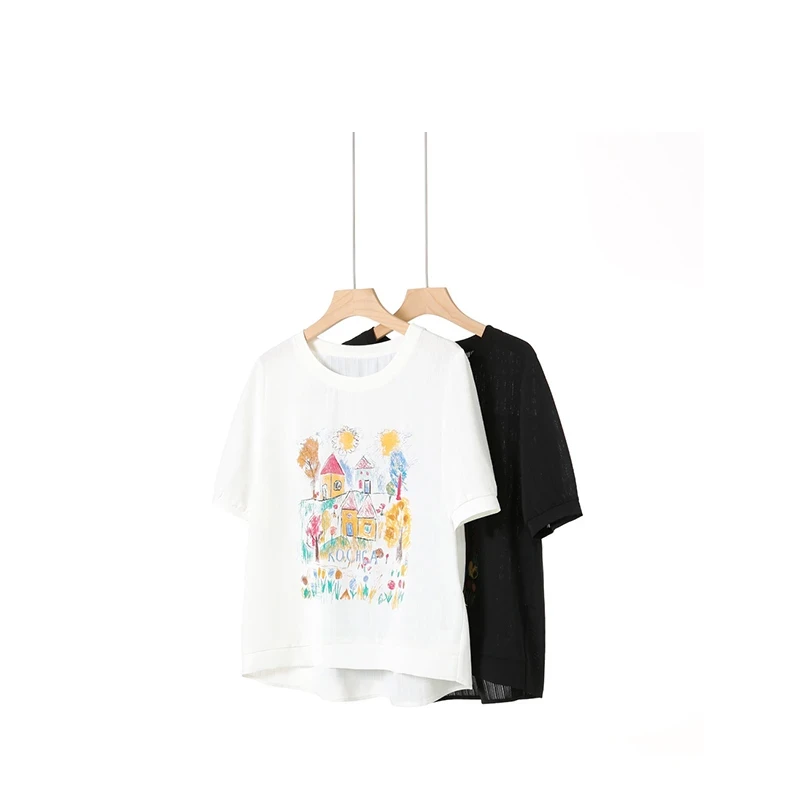 设计感涂鸦印花短袖女款爆款2025新款夏日休闲通勤穿搭