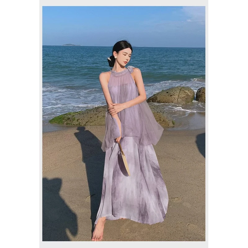 新中式风网纱挂脖假两件连衣裙高级感晨袍无袖度假裙温柔气质复古