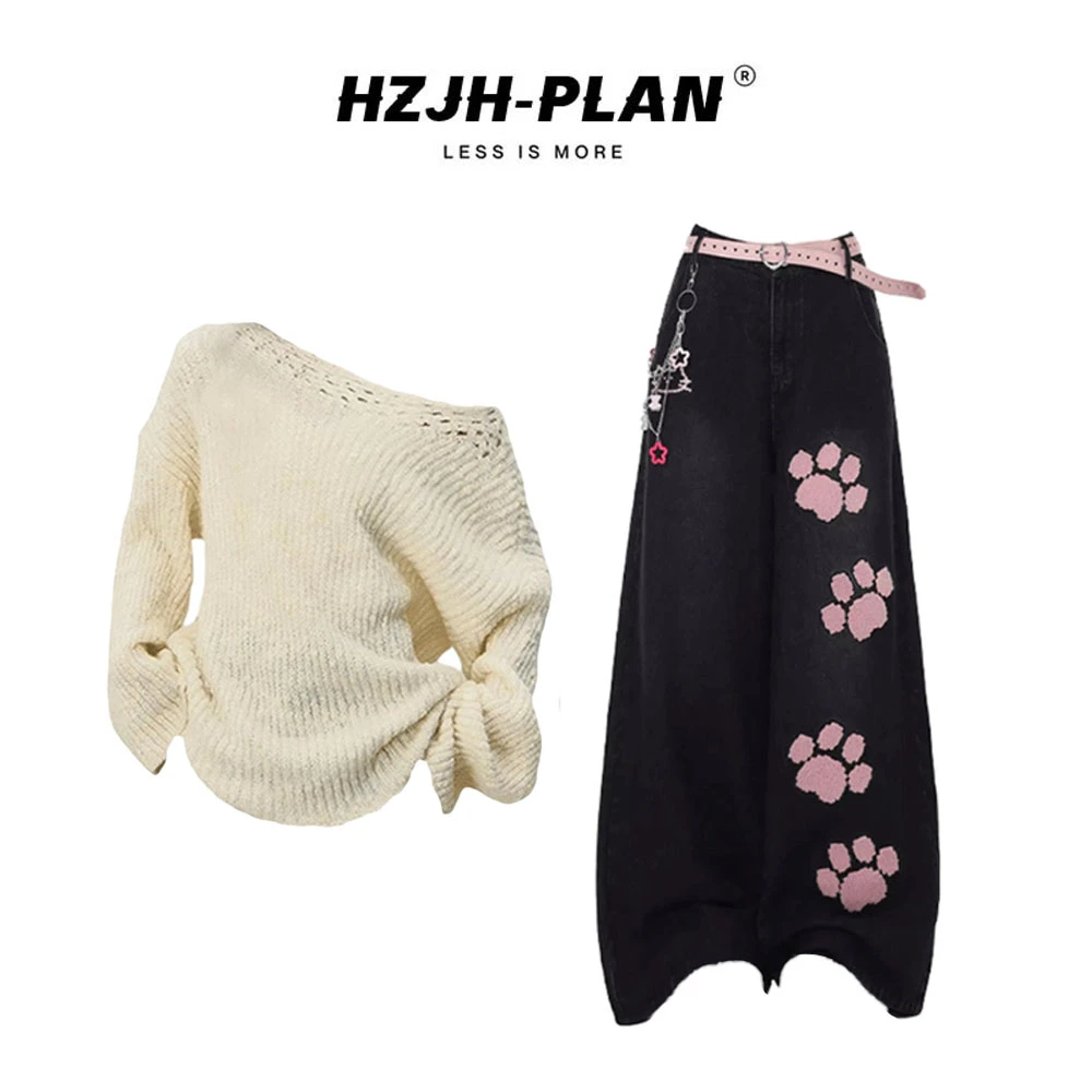 韩系慵懒风斜领针织毛衣搭配猫爪刺绣高腰牛仔裤秋季套装