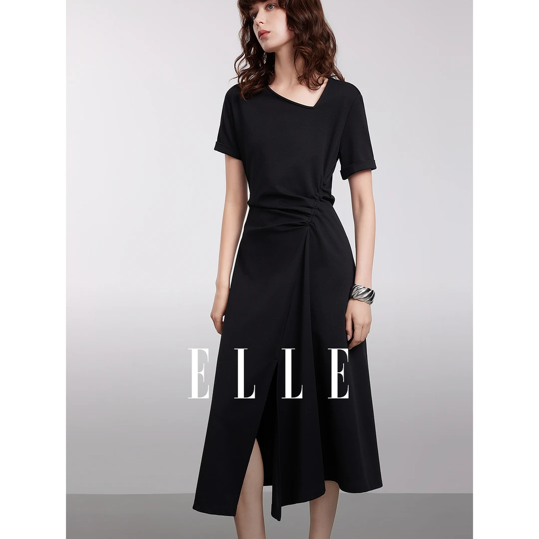 ELLE收腰开叉短袖t恤连衣裙2025夏季高级感穿搭黑色长裙子EL50948