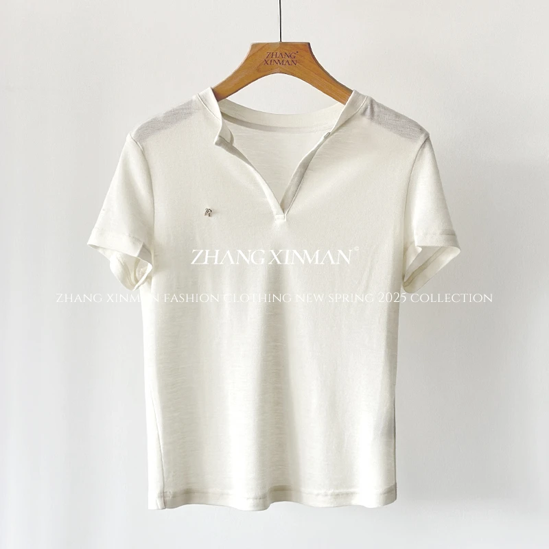 Zxm-【青挽】100澳毛丨金标针织短袖柔软细腻V领春夏薄款上衣SH055