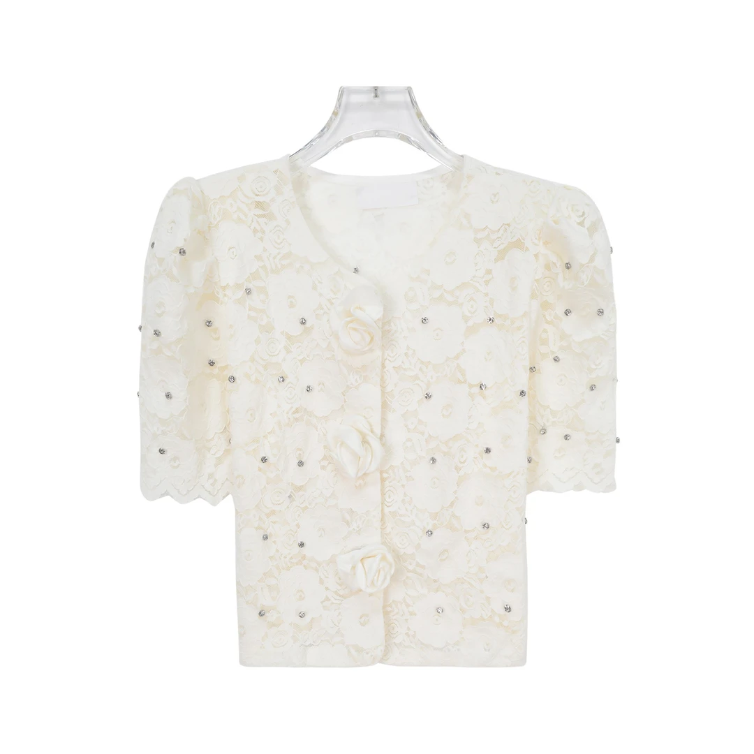 泡泡袖蕾丝镂空高级感花朵上衣Z151