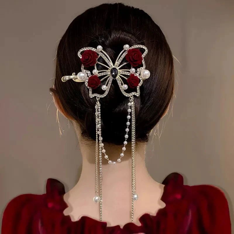 高级感玫瑰蝴蝶一字夹气质百搭国风超仙（215）