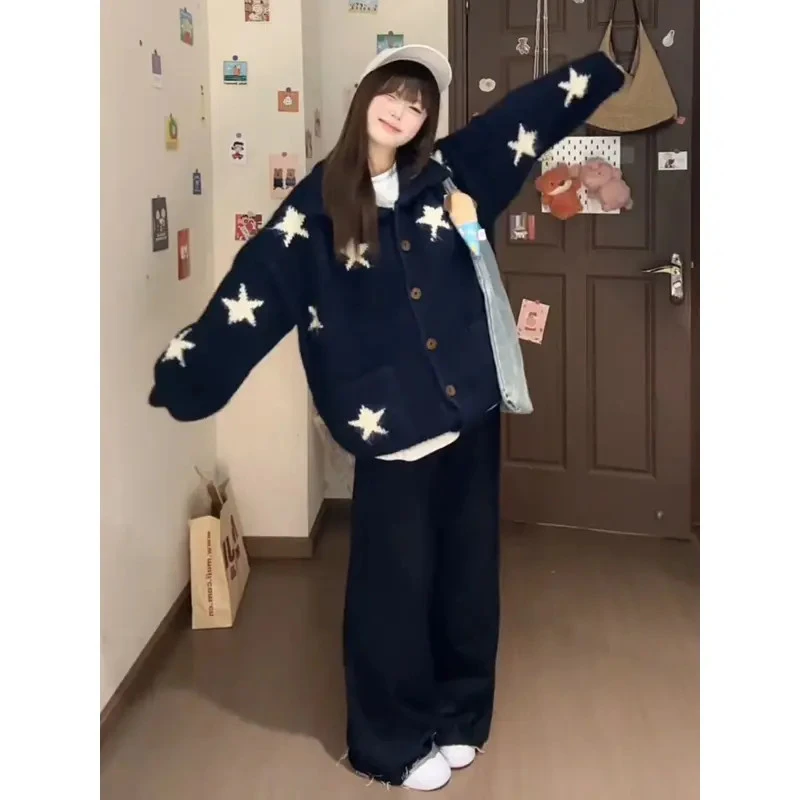 韩系复古星星毛衣外套女秋冬宽松慵懒高级松弛感粗线针织开衫上衣
