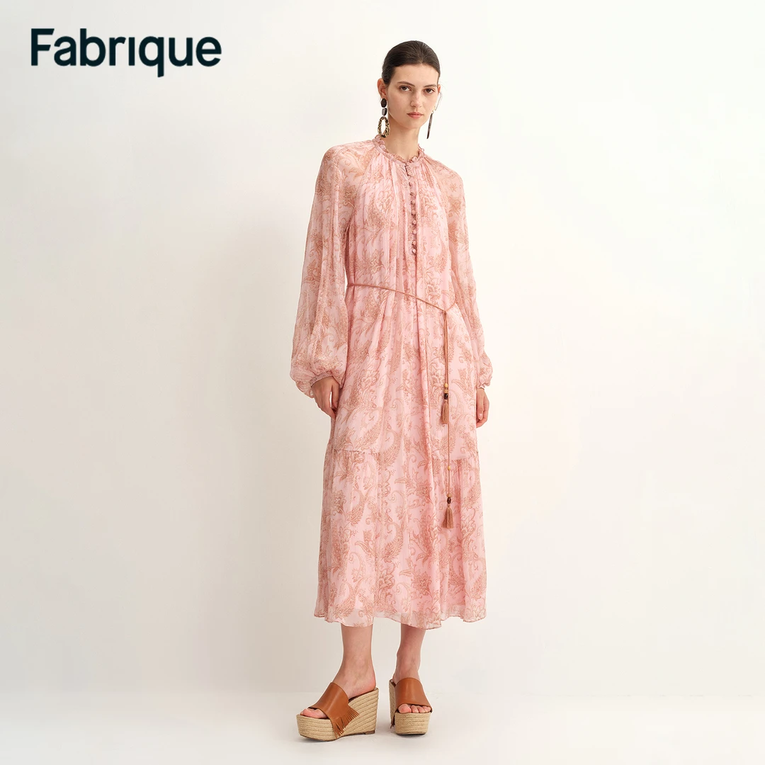 Fabrique Amelia 早秋新品佩斯利印花桑蚕丝薄纱蕾丝配腰带连衣裙