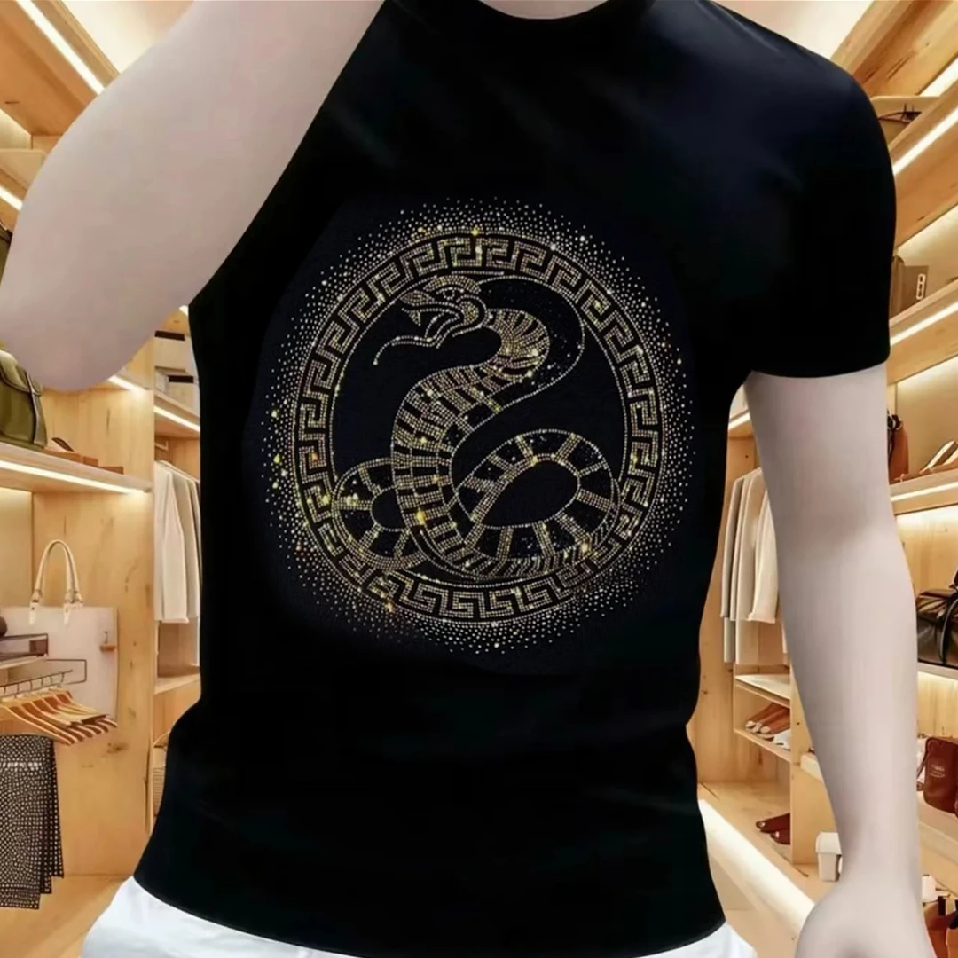 2025夏季潮牌爆款金蛇烫钻纯棉短袖t恤男士休闲修身透气圆领半袖