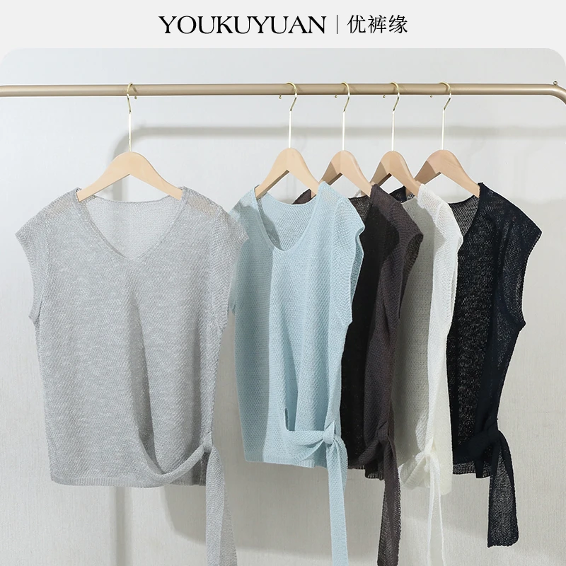 优裤缘夏季圆领毛针织衫冰柔纱针织T恤毛衣纯色毛衫打底衫上衣女