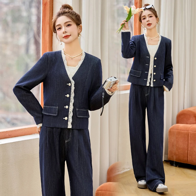 时尚休闲牛仔套装女2025春秋新款气质流行百搭一整套直筒裤两件套